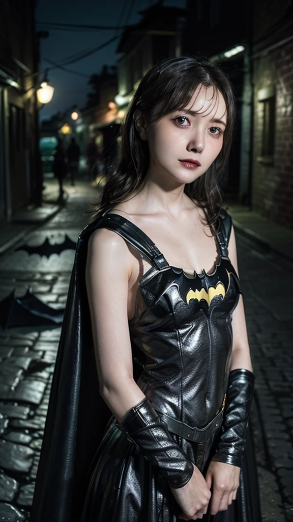 (Highest quality、Masterpiece、Best Quality、 Kampala)、One Woman、Alone、whole body、anger、Frowning、(flat chest、small breast、slim body)、( Batman Costume:1.2)、(Batman's cape)、(Batmobile)、night、nightの街並み、moonlight、Narrow Dark Alley 