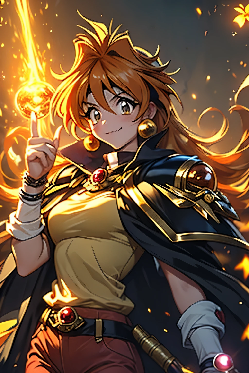 （（（ＳＦＷ、Highest quality、 first class、masterpiece、Normal body、8k、Detailed face、Ultra-precision、Normal hand、Normal finger、Masterpiece）））、 Slayers 、 Reinverse 、Lina Inverse、mage 、Orange Hair、 yellow tube top、red pants 、 yellow pads、Black Cape、Black Gold Shoulder Strap 、RYUBA CHOP、 dragslave、Magic chant、 evil smile