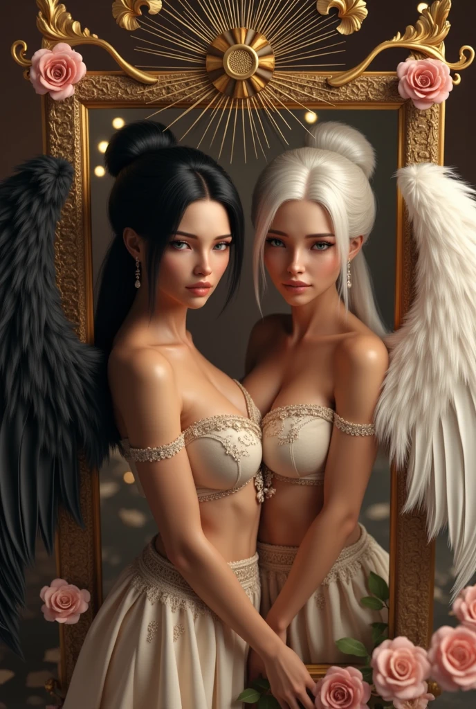 Meeting, (The girl has black wings. Outside the mirror, the girl has white wings, white hair, white clothes, a halo, and white tones. In the mirror, the girl has black wings, black hair, black clothes, aura, and black tones of 1 .5.) (symmetry: 1.3), split (black and white split: 1.3), black and white************, European style gorgeous and complex mirror, (.) Q version, Baby face, 3-headed body, ancient elf and weird, red lips: 1.3), exquisite makeup, (selected perspective: 1.5), (scattered feathers: 1.3), ( mirror: 1.2), overexposed, bare shoulders, flowers hairstyle, skirt, furry long sleeves, puffy sleeves, rose petals, mandala, chaotic, radial, streamlined, typographic art, colorful student space, high exposure, exquisite headdress, skirt ed in formal attire, look looking at the viewer, feathers, gorgeous, looking at the viewer, flowing hair, random beams, spots, glare, exposed backlight, dreamy light and shadow, backlight, ultra high saturation, masterpiece, best quality, detailed details, high contrast, ultra high definition, 8k, wallpaper,
