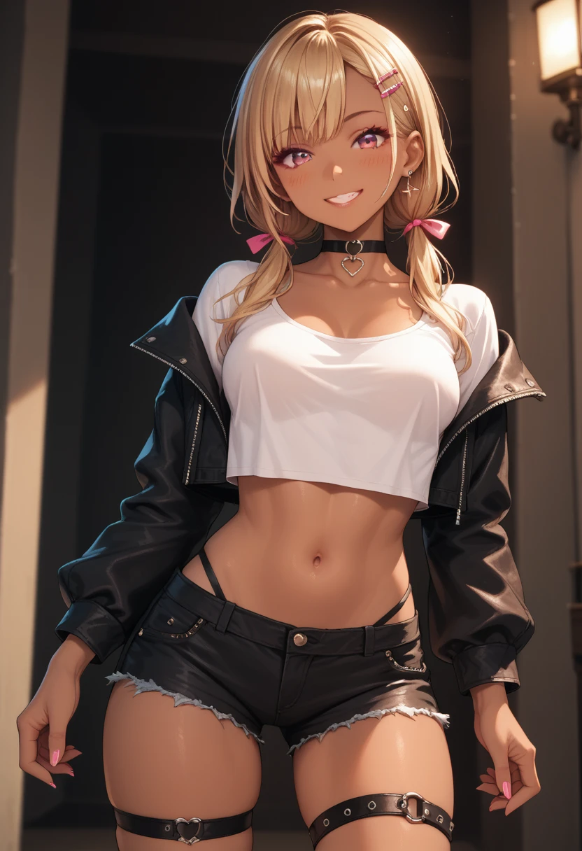 (masterpiece, best quality), Intricate details, indirect lighting, 
whole body, (Focus on the breasts),  looking at viewer, standing, 1girl, medium breasts, bare breasts,
BREAK
gyaru, dark skin, long hair, low twintail, hair ribbon, hairclip, choker, cropped jacket, black jacket, white shirt, midriff, black shorts, thigh strap, blush, smile