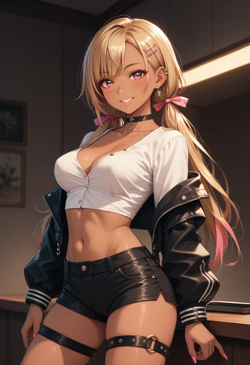 (masterpiece, best quality), Intricate details, indirect lighting, 
whole body, (Focus on the breasts),  looking at viewer, standing, 1girl, medium breasts, bare breasts,
BREAK
gyaru, dark skin, long hair, low twintail, hair ribbon, hairclip, choker, cropped jacket, black jacket, white shirt, midriff, black shorts, thigh strap, blush, smile