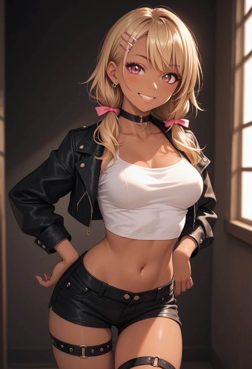 (masterpiece, best quality), Intricate details, indirect lighting, 
whole body, (Focus on the breasts),  looking at viewer, standing, 1girl, medium breasts, bare breasts,
BREAK
gyaru, dark skin, long hair, low twintail, hair ribbon, hairclip, choker, cropped jacket, black jacket, white shirt, midriff, black shorts, thigh strap, blush, smile