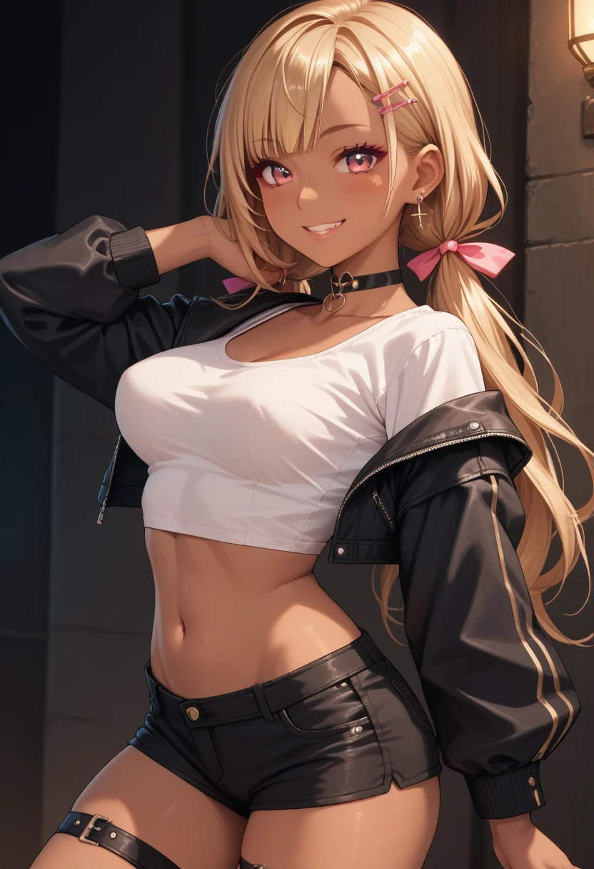 (masterpiece, best quality), Intricate details, indirect lighting, 
whole body, (Focus on the breasts),  looking at viewer, standing, 1girl, medium breasts, bare breasts,
BREAK
gyaru, dark skin, long hair, low twintail, hair ribbon, hairclip, choker, cropped jacket, black jacket, white shirt, midriff, black shorts, thigh strap, blush, smile