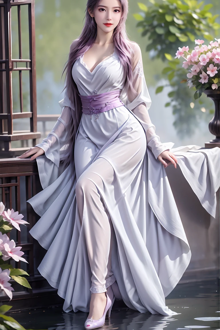 Chinese purple cheongsam，Long Legs， In the bedroom ，Full body photo，Wearing purple high heels，Lying in the water，Wet hair，Clothes are wet，Full breasts