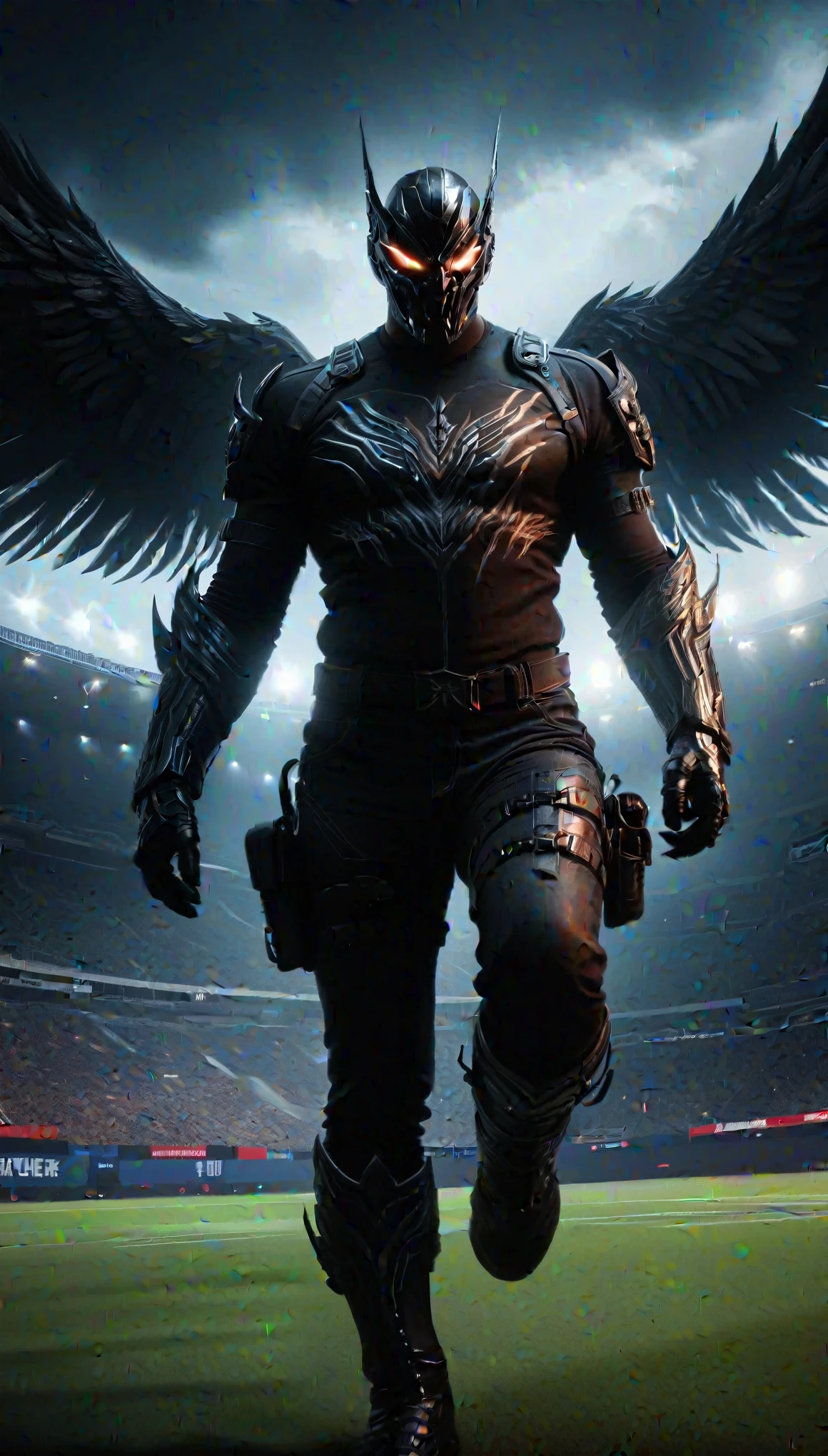 " hybrid vulture , muscular, angry, supervillain , dark cover, Mask, night soccer stadium , red and black lighting, ultra realistic style , photorealistic, intense details, Realistic textures , high resolution."