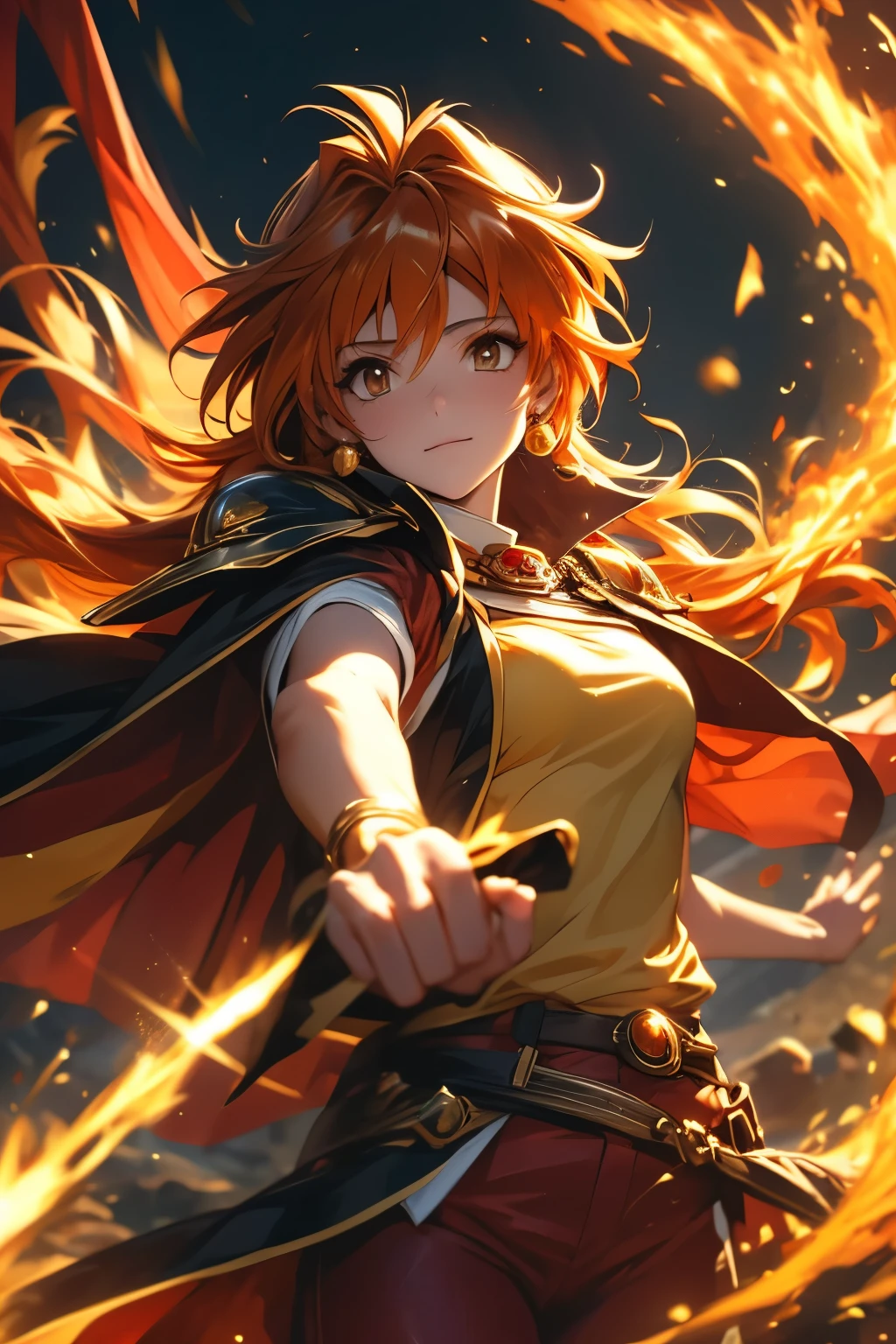 （（（ＳＦＷ、Highest quality、 first class、masterpiece、Normal body、8k、Detailed face、Ultra-precision、Normal hand、Normal finger、Masterpiece）））、 Slayers 、 Reinverse 、Lina Inverse、mage 、Orange Hair、 yellow tube top、red pants 、 yellow pads、Black Cape、Black Gold Shoulder Strap 、Shigenami Slayer 、 Gigaslave、 Gravity Magic 、Magic chant