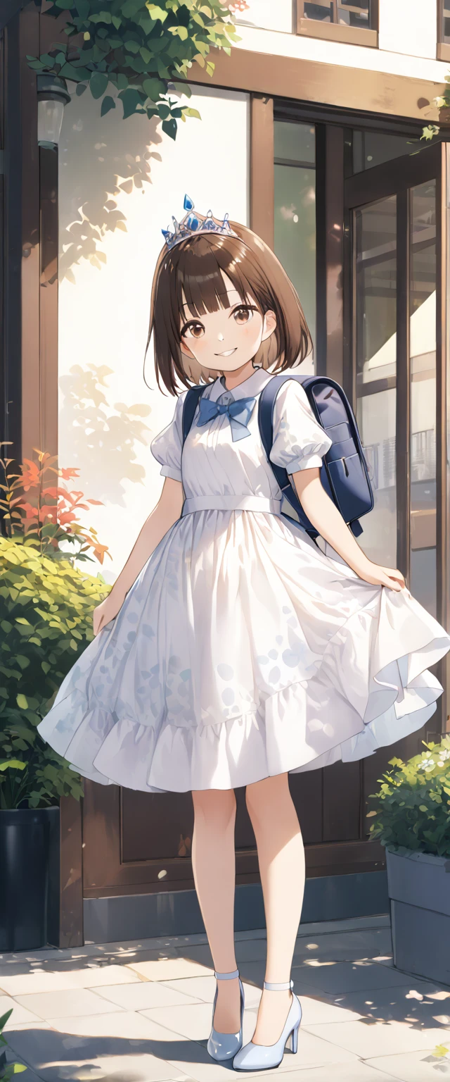 Masterpiece, hd, anime girl in  dress and hat with backpack walking down a street,  dress,bowtie, brown hair, headcap , wearing randoseru backpack,  in dress, cute anime waifu in a nice dress, anime visual of a cute girl, young anime girl, beautiful anime school girl, a school girl , anime full body illustration, an anime girl, wearing sandals, cute girl, 10 y o