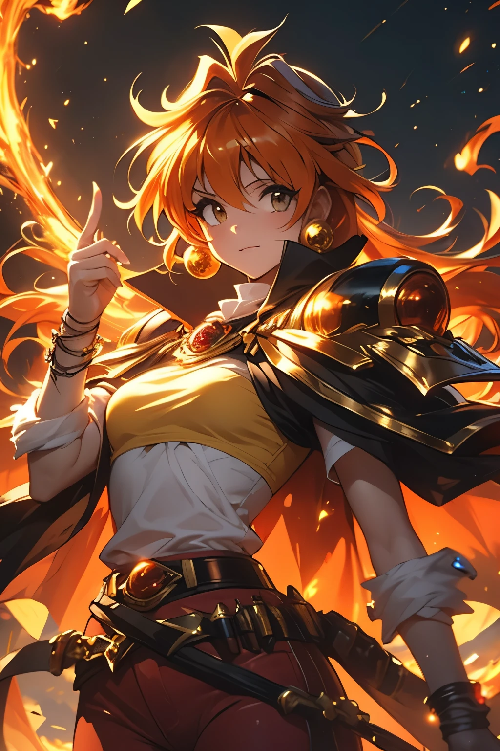 （（（ＳＦＷ、Highest quality、 first class、masterpiece、Normal body、8k、Detailed face、Ultra-precision、Normal hand、Normal finger、Masterpiece）））、 Slayers 、 Reinverse 、Lina Inverse、mage 、Orange Hair、 Yellow Tube Top、red pants 、 yellow pads、Black Cape、Black Gold Shoulder Strap 、 Gigaslave、 Gravity Magic 、Magic chant