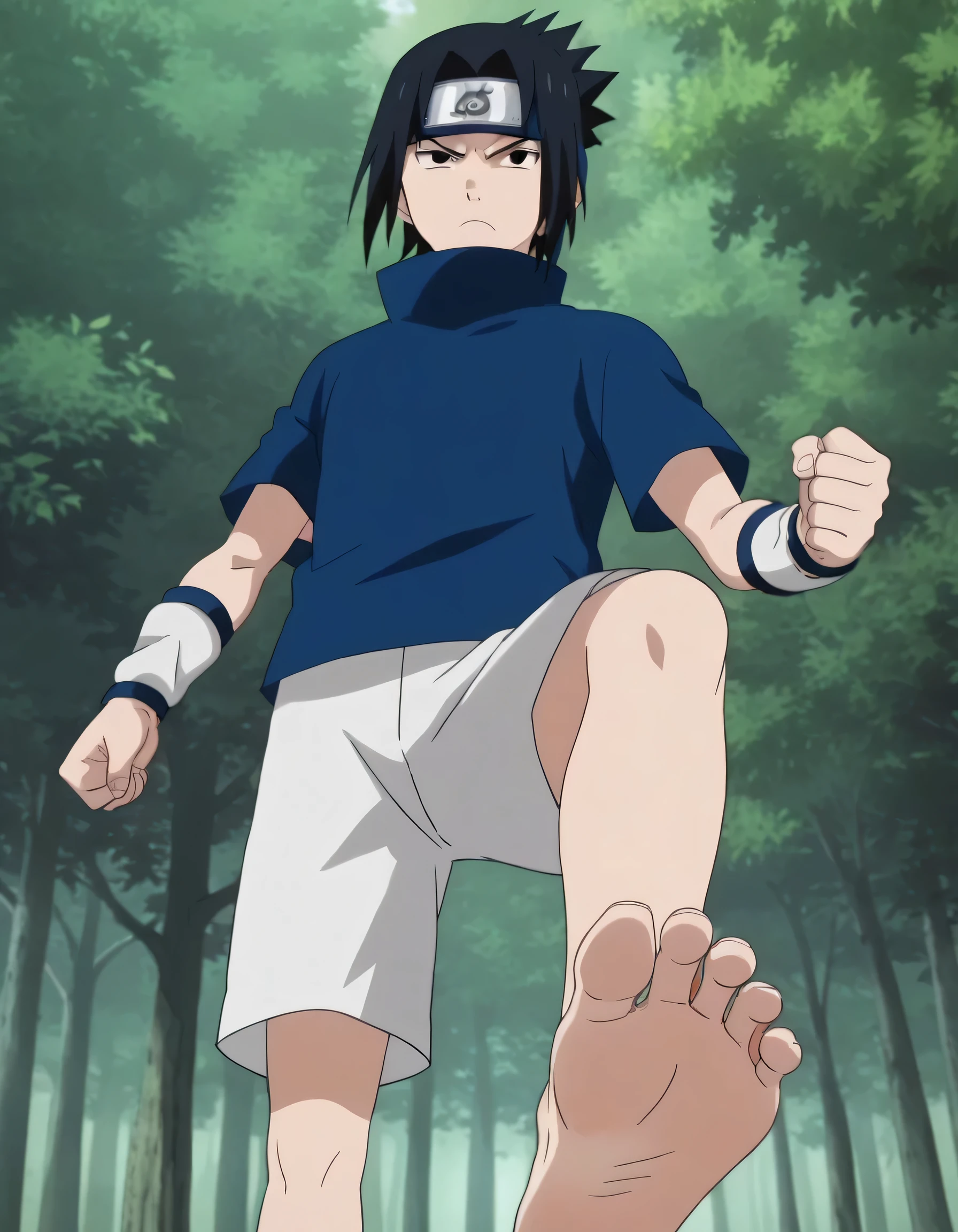 score_9, score_8_up, source_anime,
1boy, Sasuke Uchiha, black hair, short spiky hair, dark eyes, navy blue high-collar shirt, short sleeves, white shorts, clenched hands, alone, looking at viewer, serious expression, standing, cowboy shot, ANIME SCREENCAP, anime coloring, in a forest, barefoot, perfect feet, anatomically correct, soles, low angle, focal length 35mm, each foot has five toes, front, symmetrical soles, foot focus