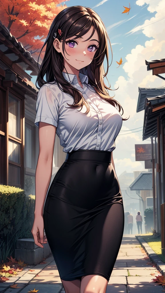 (masterpiece, best quality: 1.2), cowboy shot, solo, 1girl, yaoyorozu momo, anime screencap, city, long hair, black hair, gray eyes, looking at the viewer, lustful, closed mouth, ass, wide hips, short shirt, short shorts, unbuttoned shorts, erotica, back
