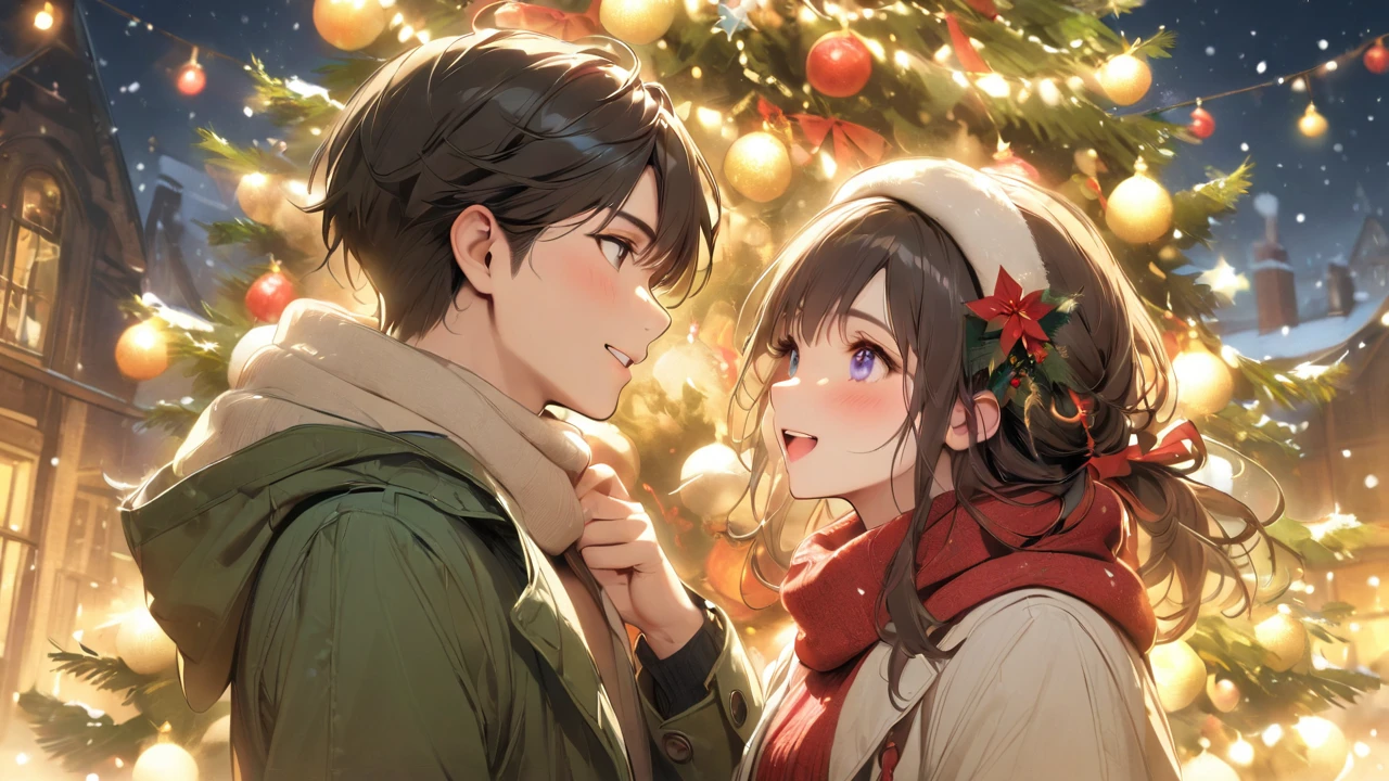 （masterpiece、high quality、High resolution、detailed、８k)、A Japanese couple in their 20s（Beautiful young man and beautiful woman、Beautiful eyes、Smooth Hair）、At the glittering Christmas market、Two people sideways、While staring at each other、Make eye contact、Laughing、The two of them look like they are having fun、Dress warmly with a coat and scarf。Lively atmosphere、Enjoying Christmas、Big Christmas tree behind、snowing、Digital art style