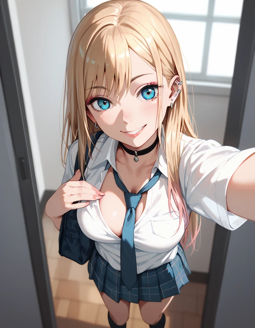 nsfw,(super fine illustration,8K CG wallpaper,best quality,extremely detailed,ultra high res,best aesthetic),(cowboy shot),(teenage,beautiful girl,cute girl),(detailed beautiful face,beautiful black eyes,beautiful blond hair),(blush),(saggy breast,medium areola),(expose breast,breast out),((selfie)),(school uniform),(classroom)