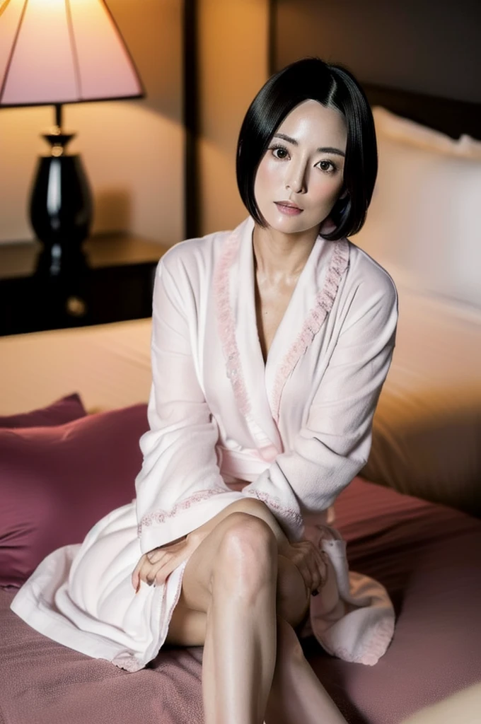 (( best quality)), ((masterpiece)), (Ultra fine)、Photo taken by a professional with Leica f1 .4 35mm by pro photographer 、(((full body))), Sitting with Knees Up on bed, wide spread legs, hands between legs ,  Dramatic Lighting、 dark in the middle of the night, heavy and classy super luxury hotel bedroom、(1 Japanese actress、55yo, milf, Very intelligent and thoughtful、ultimate detailed beautiful face, Very beautiful face、Showing his forehead、no makeup、Elegant dark haired short bob:1.5)、(The beautiful dark intelligent eyes of a Japanese woman:1.8)、　(Curvaceous physique、(A white just simple short bathrobe over naked:1.3), in heat, very sweaty , embarrassed, (blush:2)、gaze at viewer, (I&#39;m lustful、Flushed:2)、 my whole body is wet:3) 、wet hair, an extremely detailed and beautiful soft nice curvy thighs and face and eyes ,6.5 heads、