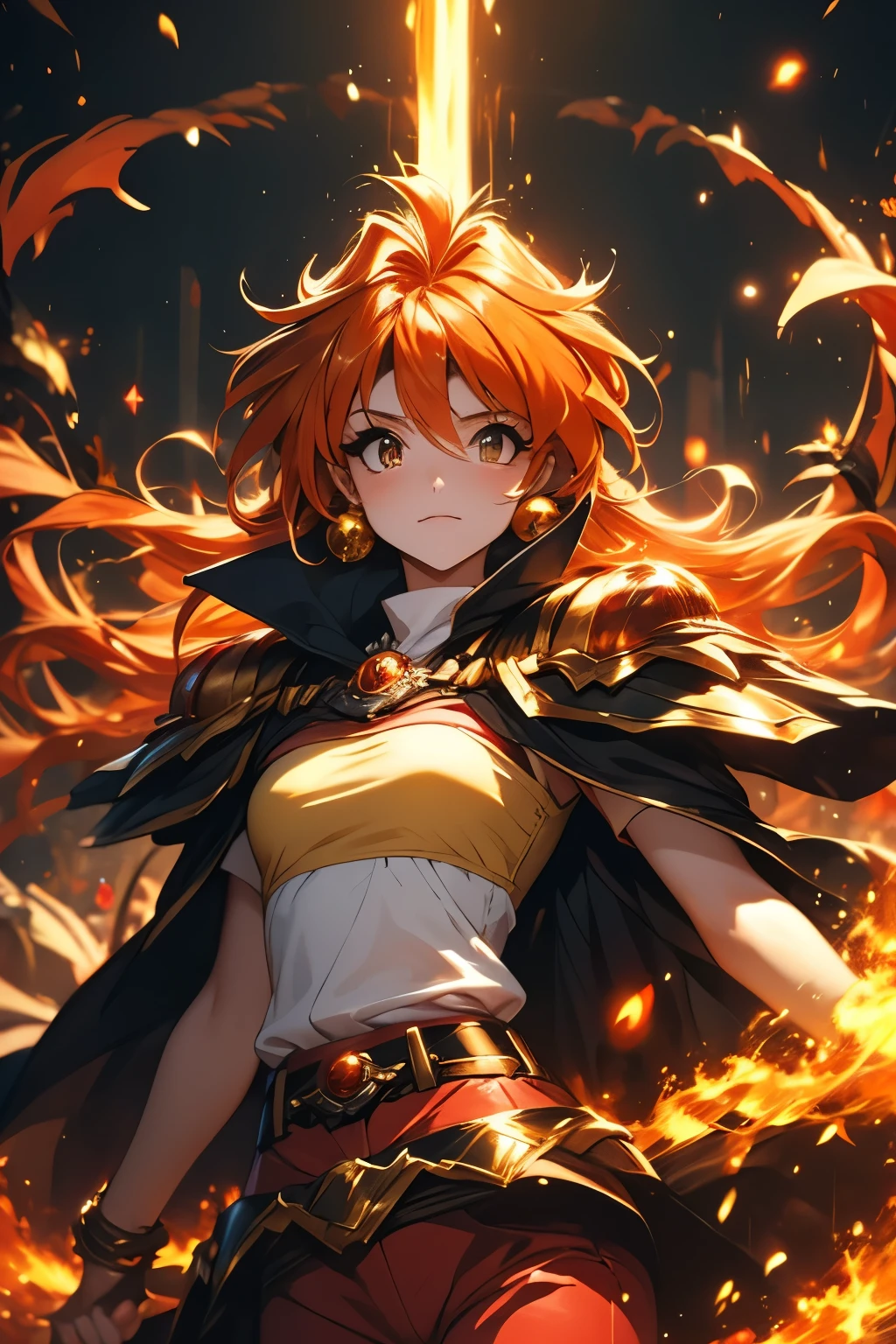 （（（ＳＦＷ、Highest quality、 first class、masterpiece、Normal body、8k、Detailed face、Ultra-precision、Normal hand、Normal finger、Masterpiece）））、 Slayers 、 Reinverse 、Lina Inverse、mage 、Orange Hair、 yellow tube top、red pants 、 yellow pads、Black Cape、Black Gold Shoulder Strap 、 Gigaslave、 Gravity Magic 、Magic chant、black magic