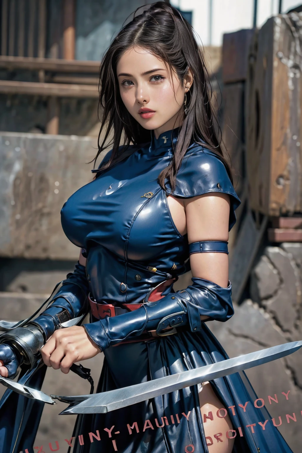  Art Image of Olivia Munn as Betsy Braddock Psylock, Big Breasts, beautiful, Dark Blue Outfit , With a sword in hand,  Black Hair , Large Breasts, Louis Royo, Boris Vallejo,  Frank Frazetta , Extreme concentration,  sharp detail ,  sexy,   oily skin ,  sexy, mischief,  dynamic pose where I had sex 900 times,