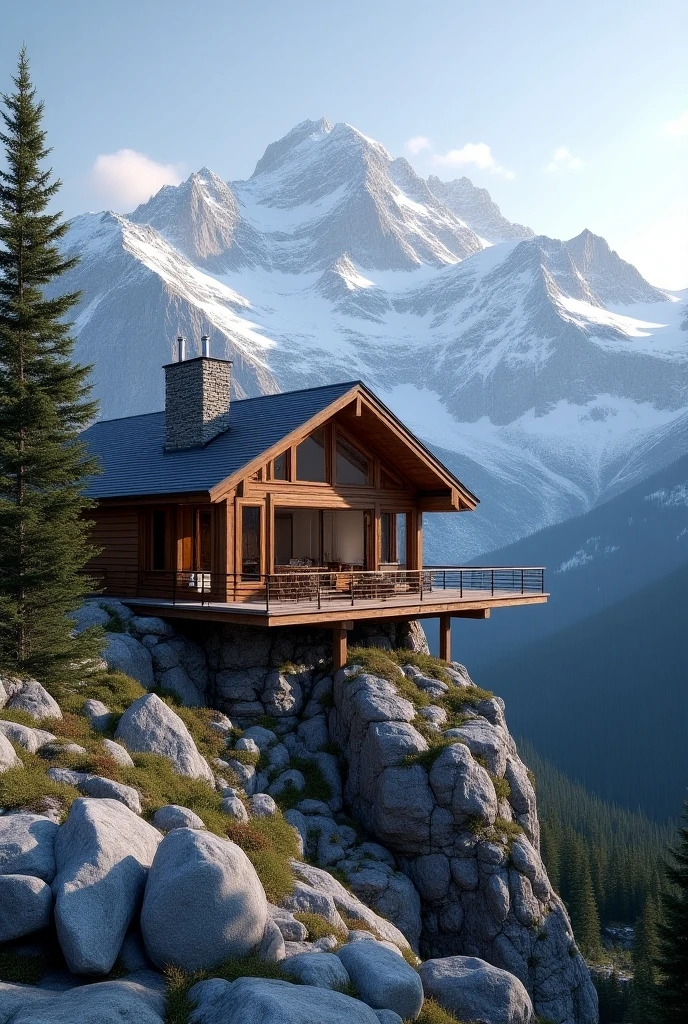 Generate an image of a luxurious cabin in the mountains. with mountain view.