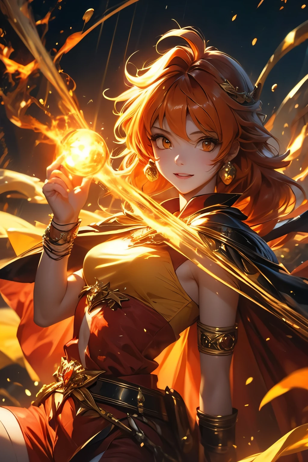 （（（ＳＦＷ、Highest quality、 first class、masterpiece、Normal body、8k、Detailed face、Ultra-precision、Normal hand、Normal finger、Masterpiece）））、 Slayers 、 Reinverse 、Lina Inverse、mage 、Orange Hair、 yellow tube top、red pants 、 yellow pads、Black Cape、Black Gold Shoulder Strap 、 Gigaslave、 Gravity Magic 、Magic chant、black magic