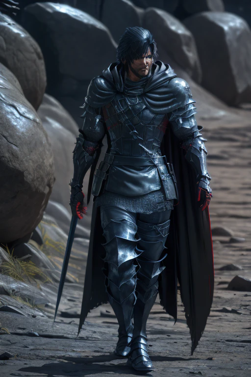  A Man's Full Body Leather Cloak ,FF16 Cliff  , Cleveland Rosefield  ,Glowing red eyes, white skin , Final Fantasy XVI Character ,  and smooth lacquered black metal armor ,  Full body shot in black armor ,   Black Red Plated Armor ,  Dark Souls Armor Concept , ,  Closeup ,  Red Glowing Eyes ,Bloody Red Cloak Cloak Full Body Photo
