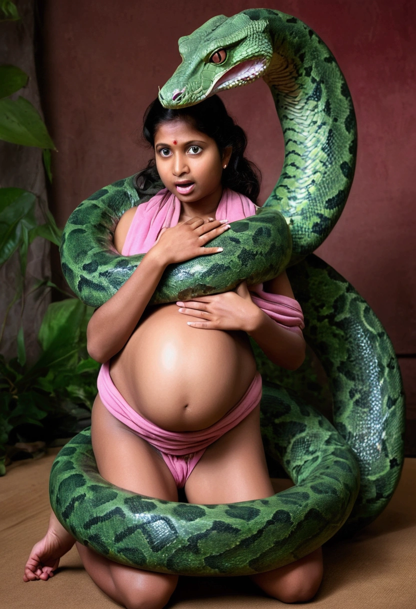 Pregnant Happy Horny, aroused 1girl), beautiful kneeling Indian  wearing pink loin cloth very young teen girl with  giant colossal green Kaa monster squeezing her hard, wrapped in thick spiraling coils, constricted, struggle, gasping for air, snake attack, snake peril, raw uncensored nsfw 