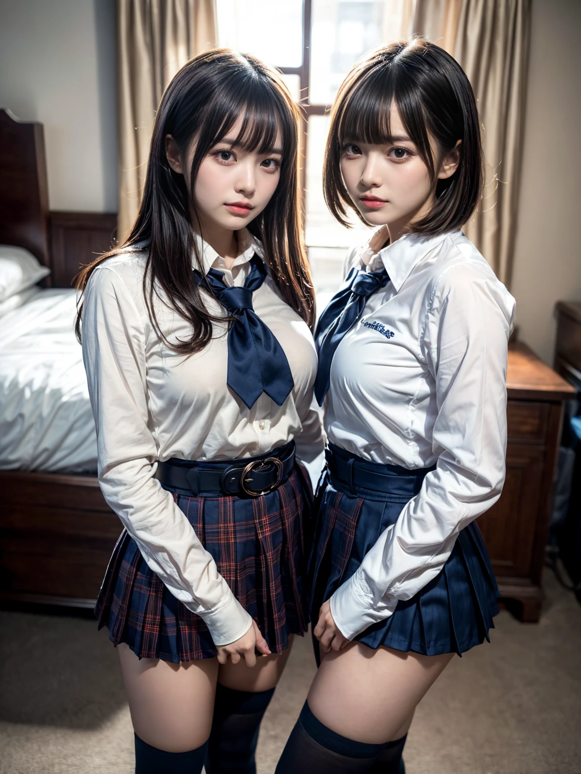 8K, RAW portrait of (japanese woman),masterpiece、Photoreal:1.3、realistic, ultra high resolution, highest quality, real life photos ,( When evening comes :1.1),
((((2 girls:1.5)))), (((Two girls showing off their panties in the room)))、(cute face:1.3)、日本の2 girls,((Two Japan High School Girls))、((2 real high school girls))、((Japan High School Uniforms:1.6))、 long hair,,slender body,、in the room、
big beautiful detailed eyes, black hair,(Depth of written boundary:1.3)、 ((dark brown eyes:1.2))、(real skin texture:1.3)、(An immersive atmosphere:0.8、chiaroscuro:1.2) 、(look viewer:1.3)、((embarrassing))、((red cheeks:1.3))、((from belowの天井:1.2))、(smile:1.2)、((wearing very small silk panties))、((panty shot))、((Woman rolling up her skirt))、((from below:1.1))、((panties close up:1.28))、((panty shot))、the most beautiful woman in the world、the most beautiful woman in the world