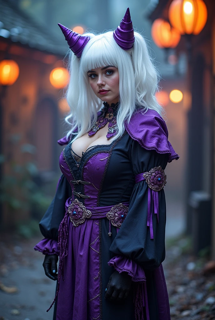 cosplayer, white wig with purple, closed clothes, half fat, no cleavage, ambiente halloween