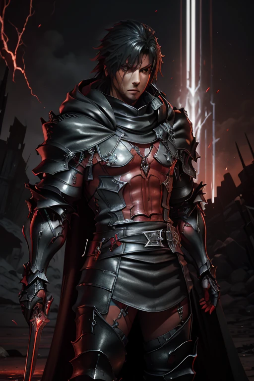  A Man's Full Body Leather Cloak ,FF16 Cliff  , Cleveland Rosefield  ,Glowing red eyes, white skin , Final Fantasy XVI Character ,  and smooth lacquered black metal armor ,  Full body shot in black armor ,   Black Red Plated Armor ,  Dark Souls Armor Concept , ,  Closeup ,  Red Glowing Eyes ,Bloody Red Cloak Cloak Full Body Photo
