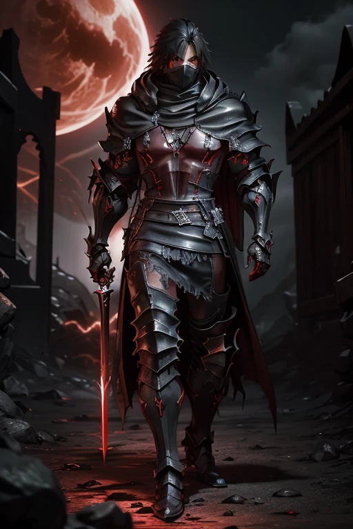  A Man's Full Body Leather Cloak ,FF16 Cliff  , Cleveland Rosefield  ,Glowing red eyes, white skin , Final Fantasy XVI Character ,  and smooth lacquered black metal armor ,  Full body shot in black armor ,   Black Red Plated Armor ,  Dark Souls Armor Concept , ,  Closeup ,  Red Glowing Eyes ,Bloody Red Cloak Cloak Full Body Photo
