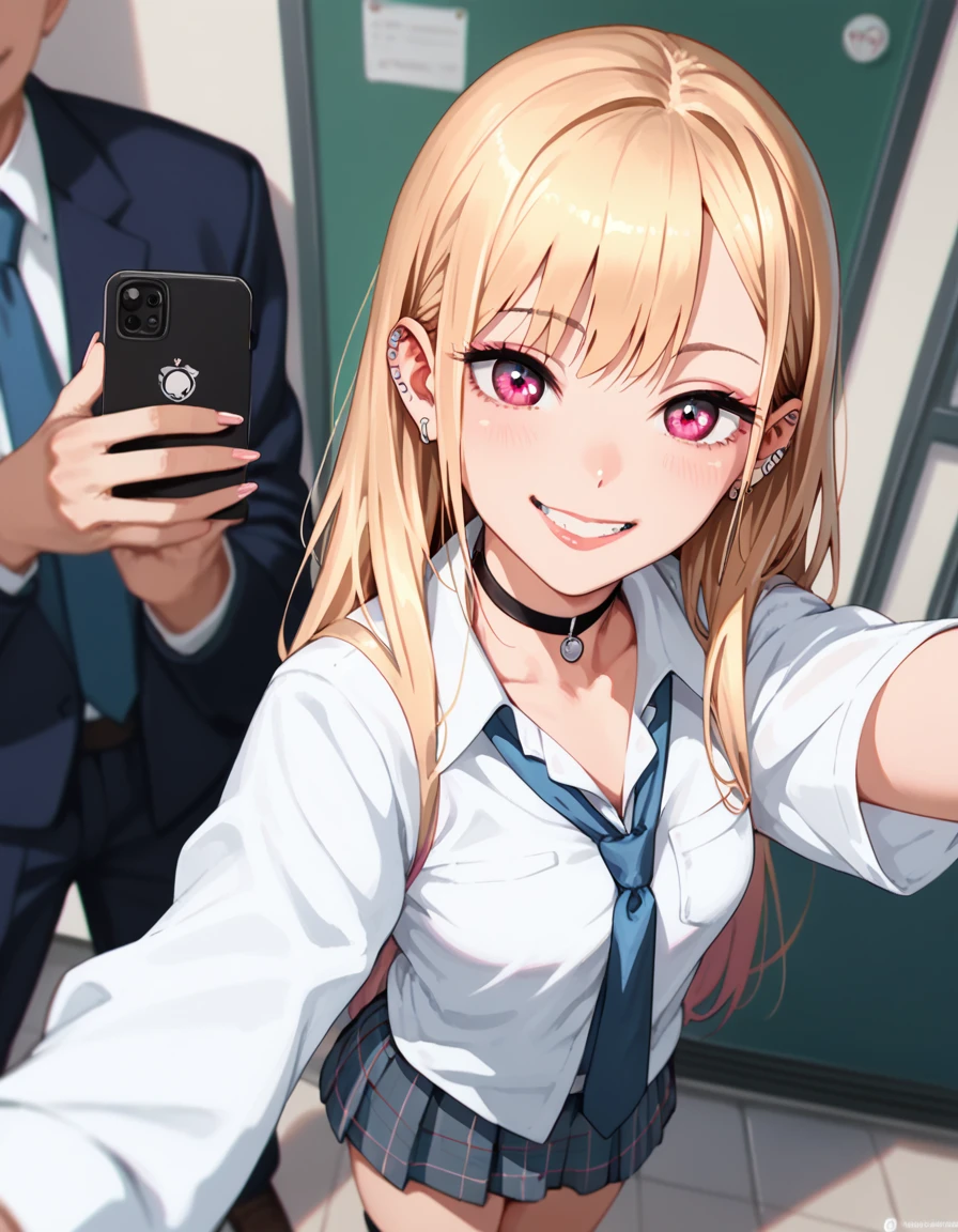 score_9, score_8_up, score_7_up, score_6_up, score_5_up, score_4_up, A girl in school uniform takes a selfie, blonde long hair, magenta eyes, makeup, ear piercing, White shirt, Black choker, Blue tie, Checked skirt, Slightly smile, realistic schoolgirl, naughty anime style, Kitagawa Marin, Dynamic angle, from above. At school