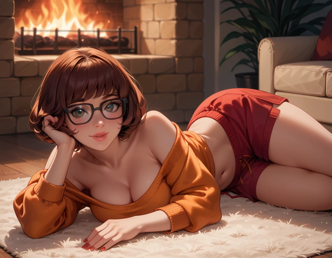 score_9, score_8_up, score_7_up, score_6_up, rating_questionable, source_cartoon, cinematic film still, 1girl, solo, alone, very sexy (Velma Dinkley, glasses:1.4), (beautiful waifu, thicc:1.5), wearing cute pajama shorts and top, short sleeves, navel, cleavage, filled lips, thick lips, (dimly lit living room, beautiful modern home, fireplace:1.1), (on side, lying, POV:1.2), laying on plush rug, gentle smile, shallow depth of field, vignette, dimly lit, expressiveh d4rk01l, perfect hands, perfect proportions.