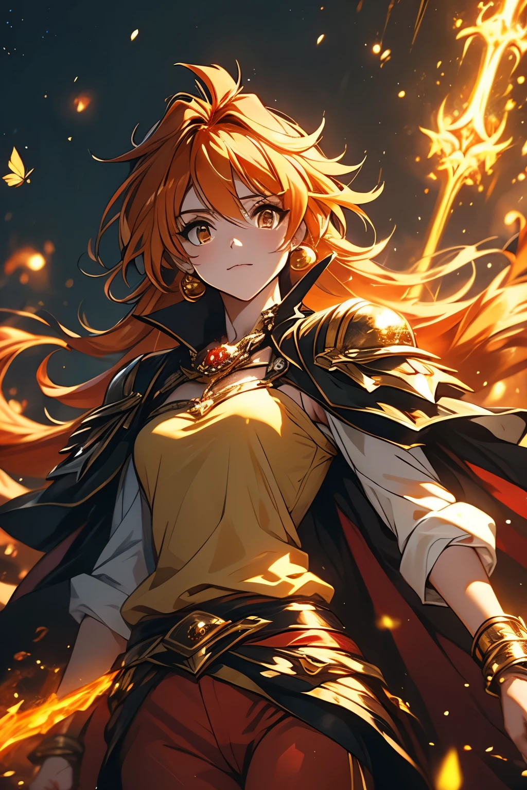 （（（ＳＦＷ、Highest quality、 first class、masterpiece、Normal body、8k、Detailed face、Ultra-precision、Normal hand、Normal finger、Masterpiece）））、 Slayers 、 Reinverse 、Lina Inverse、mage 、Orange Hair、 yellow tube top、red pants 、 yellow pads、Black Cape、Black Gold Shoulder Strap 、 Gigaslave、 Gravity Magic 、Magic chant、black magic