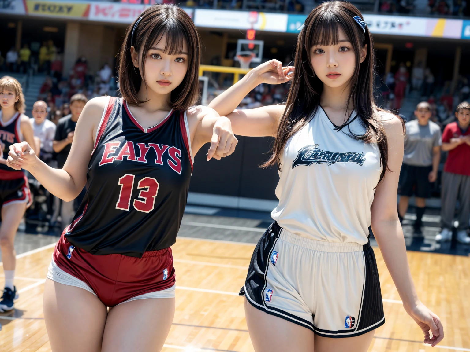 masterpiece, best quality, illustration, Super detailed, fine details, High resolution, 8K,wall paper, perfect dynamic composition,(Details High quality, realistic depiction of eyes:1.3), (2 girls), (NBA),(basketball sportswear),(play basketball),(reality), low ponytail, in a hotel room in the background, deep on field, large breasts, black hair color, Big Natural Color Lip, (perfect body shape), crying a little、Harajuku style、20 year old girl、cute type、beautiful legs, Gravure Idol