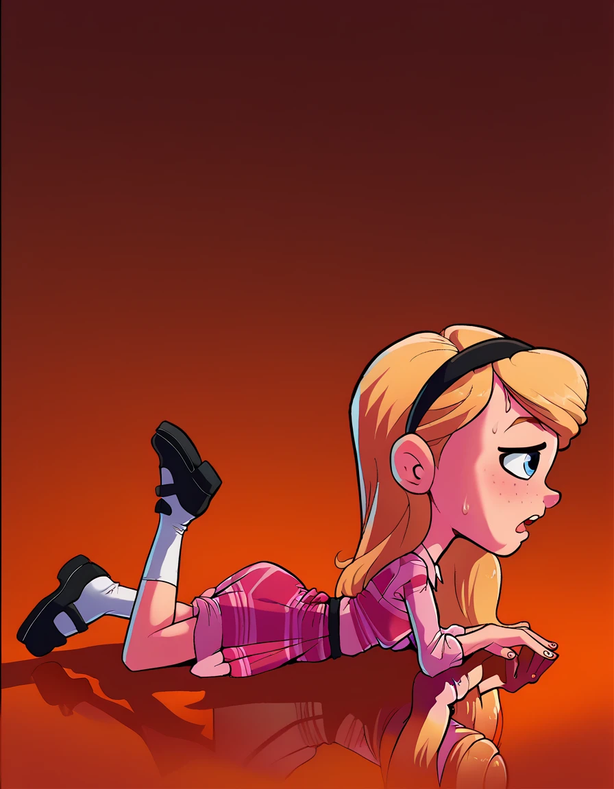 yellow hair, black dress, freckles, lipstick, big boobs, purple eyes, Lucy Mann, big ass, seductive pose, solo, tight outfit, masterpiece, high quality, humanoid, ultra 4k, black polo, red collar, red cuffs, white star shirt design