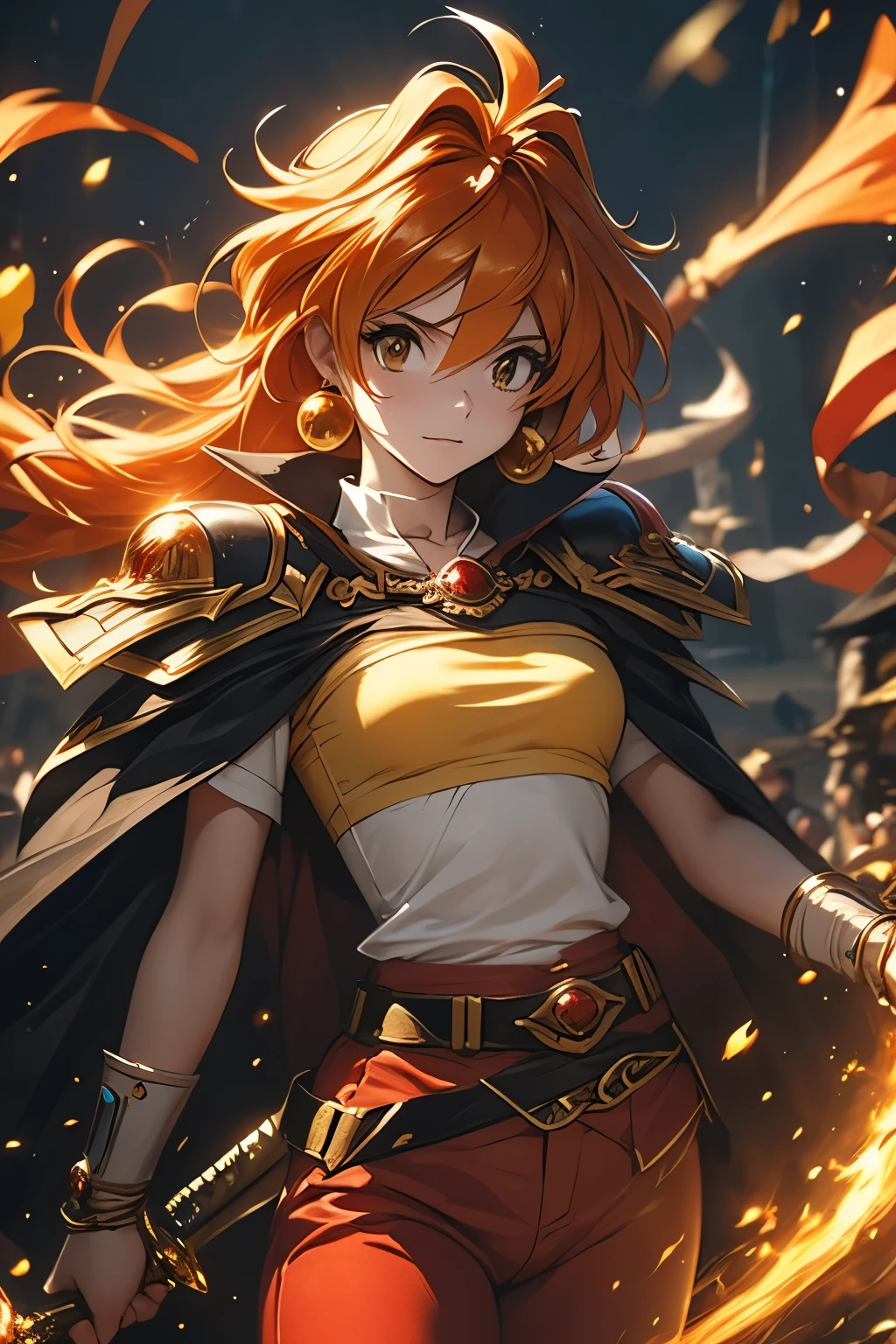 （（（ＳＦＷ、Highest quality、 first class、masterpiece、Normal body、8k、Detailed face、Ultra-precision、Normal hand、Normal finger、Masterpiece）））、 Slayers 、 Reinverse 、Lina Inverse、mage 、Orange Hair、 Yellow Tube Top、red pants 、 yellow pads、Black Cape、Black Gold Shoulder Strap 、Laguna Blade 、 Gravity Magic 、Magic chant、 Magical Giant Sword with a Black Blade