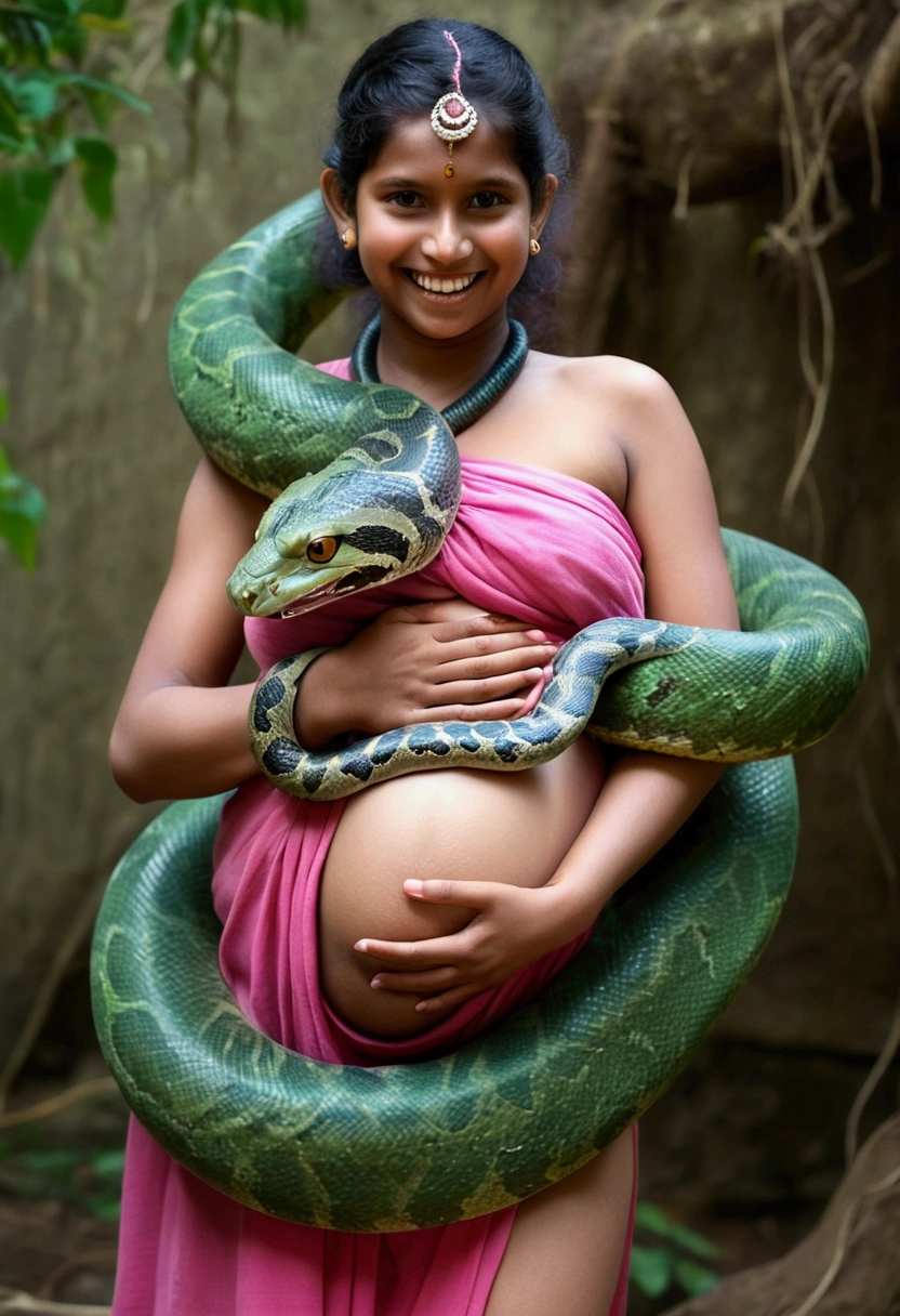 Pregnant smiling Happy Horny, aroused 1girl), beautiful kn Indian  wearing pink loin cloth very young teen girl with  giant colossal green Kaa monster squeezing her hard, wrapped in thick spiraling coils, constricted, struggle, gasping for air, snake attack, snake peril, raw uncensored nsfw 