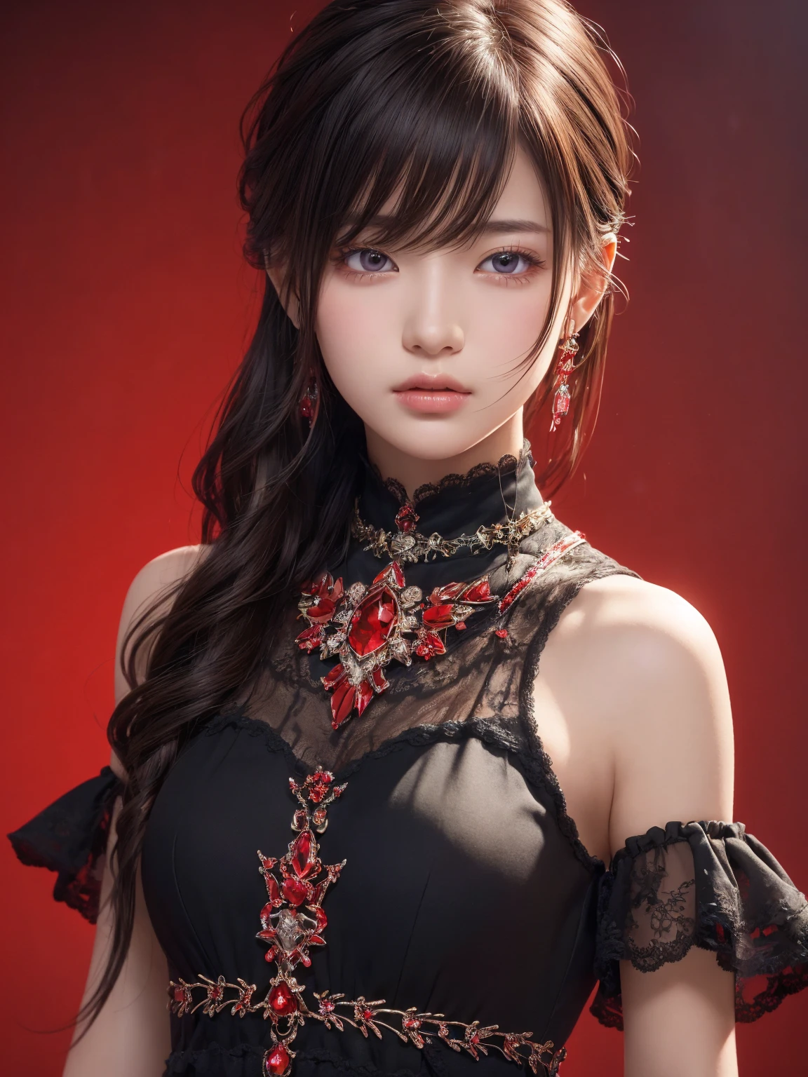 ((Best Quality)),(  ultra high resolution ),( very detailed ),( detailed explanation ),(( best CG )),(a masterpiece),Ultra-detailed art、See-Through 2.0、Outside the shoulder、 clevis、Red background、