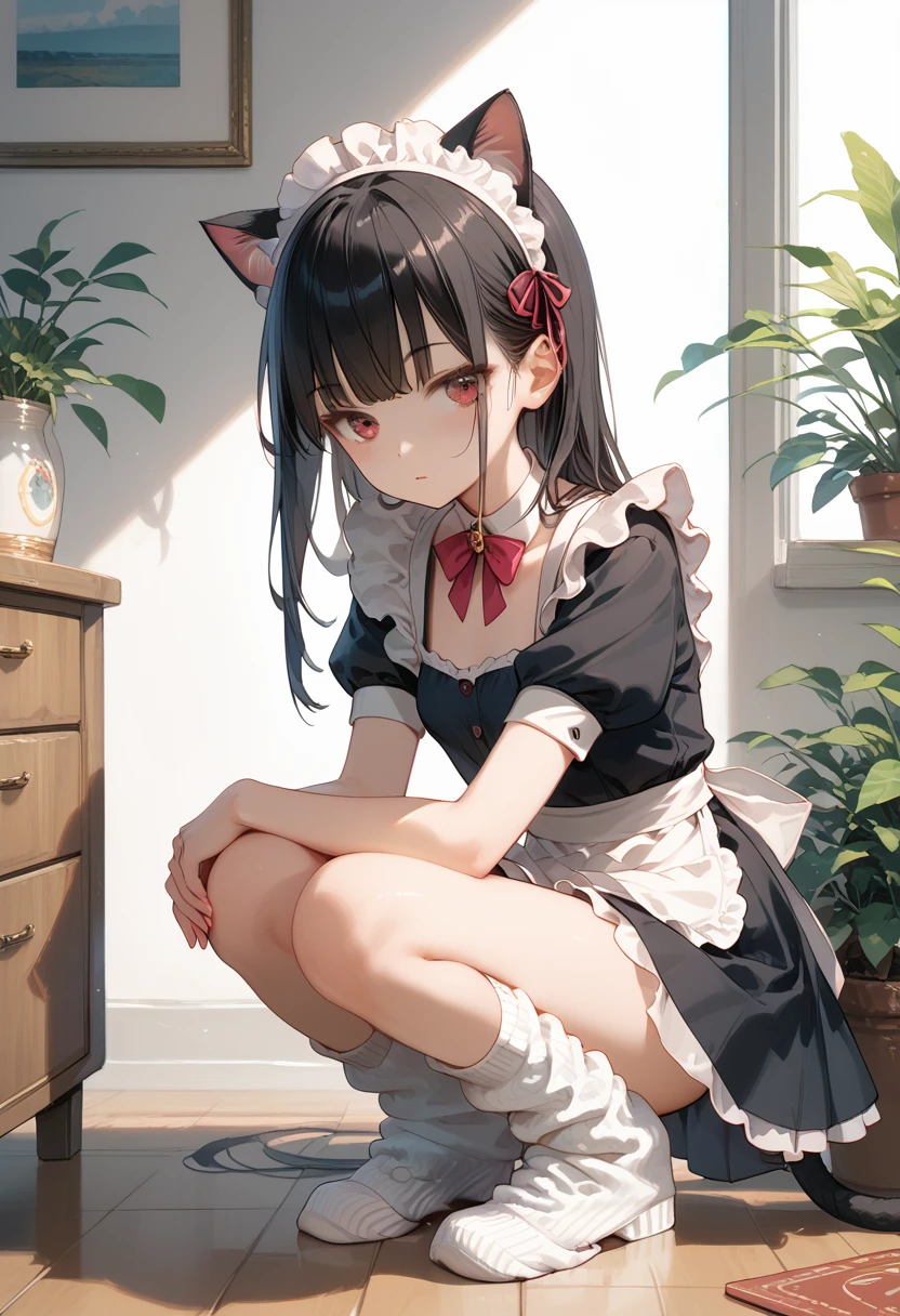 Score_9,Score_8_up,Score_7_up,highest quality anime,,masterpiece,1 girl,slim,small breasts,(Ideal slender proportions),(black_long_hair,straight_bangs,maid costume,cat ears,loose socks),squatting down