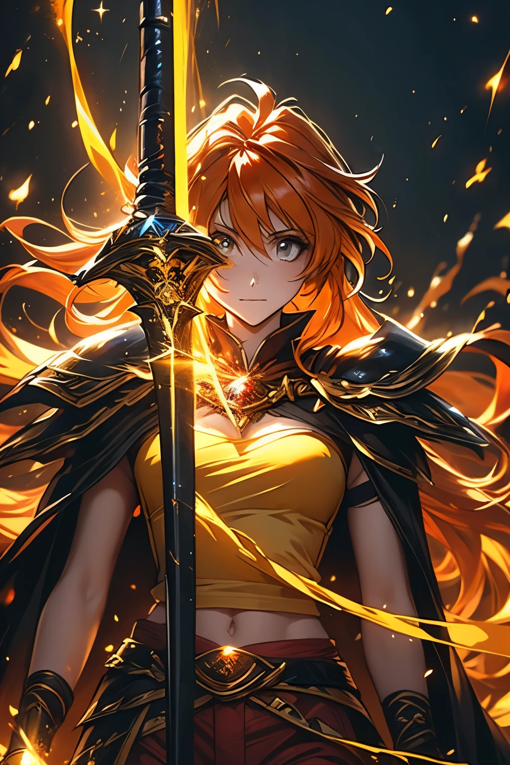 （（（ＳＦＷ、Highest quality、 first class、masterpiece、Normal body、8k、Detailed face、Ultra-precision、Normal hand、Normal finger、Masterpiece）））、 Slayers 、 Reinverse 、Lina Inverse、mage 、Orange Hair、 Yellow Tube Top、red pants 、 yellow pads、Black Cape、Black Gold Shoulder Strap 、Laguna Blade 、 Gravity Magic 、Magic chant、 Magical Giant Sword with a Black Blade