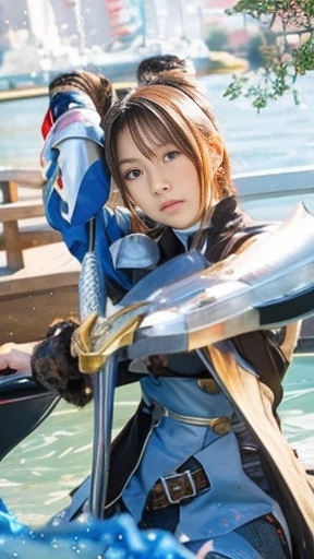 Anime girl with a sword on a blue background and a sword in the water,   Altria Pendragon  , anime style like destiny/stay, destiny / stay, , destiny stay, destiny/zero, destiny zero, Female protagonist 👀 :8, destiny grand order, Lady on horseback with Li Chevalier as motif, Anime Epic Artwork, Anime Art, Epic light novel cover art