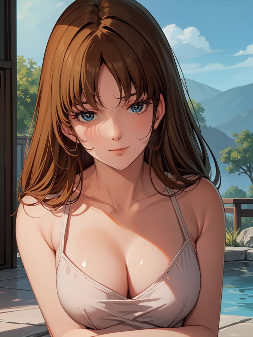 photo realistic,8k,finely detailed skin,detailed skin texture,high quality skin,realistic skin,from,1girl,towel, enter hot spring, summer open air bath, cleavage, looking at the viewer, gentle smile,masterpiece, best quality, high resolution, 4k, ultra high resolution, highly detailed, highly detailed, beautiful eyes, beautiful hair, beautiful side, beautiful skin,detailed shiny skin,good hands, best hands,curvy,Cosmic eyes,Hayase Misa