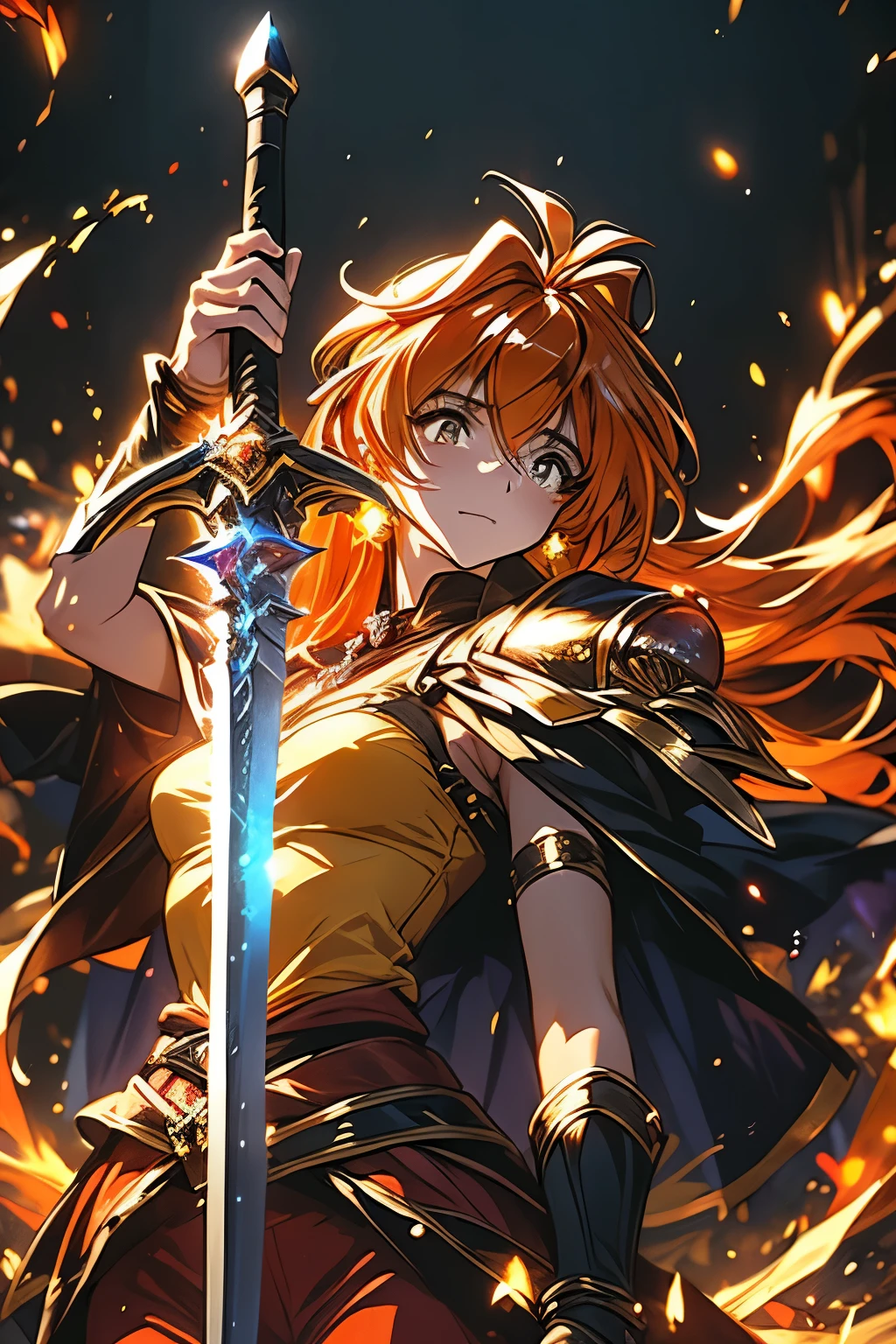 （（（ＳＦＷ、Highest quality、 first class、masterpiece、Normal body、8k、Detailed face、Ultra-precision、Normal hand、Normal finger、Masterpiece）））、 Slayers 、 Reinverse 、Lina Inverse、mage 、Orange Hair、 yellow tube top、red pants 、 yellow pads、Black Cape、Black Gold Shoulder Strap 、Laguna Blade 、 Gravity Magic 、Magic chant、 Magical Giant Sword with a Black Blade