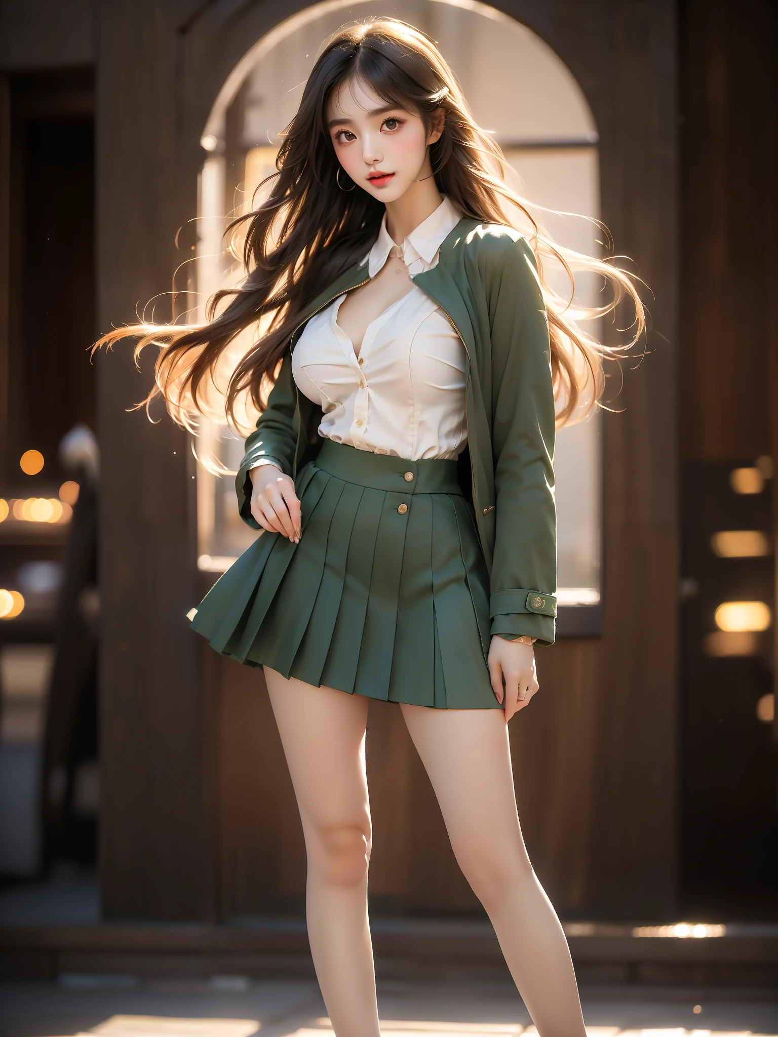 koichoko school uniform, green jacket ,((full body)), (Asian beauty: 1.3), girl, solo, ((very short hemline)), (Big eyes cute girl), (toned body: 1.2), (naturally large breasts: 1.1), (visible cleavage: 0.8), (smooth flawless skin: 1.2), (perfect anatomical proportions: 1.3), (anatomically correct legs: 1.3), (elegantly long legs: 1.3), 1.1) (a playful girl, one hand running through her long hair, the other lifting her skirt slightly), (detailed features: 1.2), (big bright eyes: 1.1), (long eyelashes: 1.1), charming smile, gentle and confident expression, Head slightly tilted, long flowing hair, (night scene: 1.1), (starry sky: 1.0), (space background: 0.9), (professional soft light: 1.2), (warm tone: 1.1), (Masterpiece: 1.4), (Super Detail: 1.3), (Sharp focus: 1.2), (Realistic: 1.2), (Hi-Fi: 1.1)