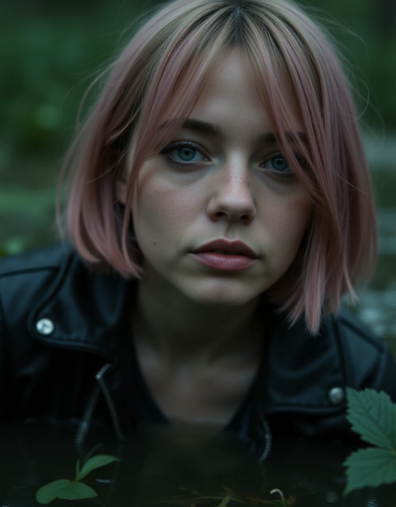 masterpiece, professional, sensation, attention-grabbing, teenage girl, drowning in a swamp, drowning, sinking, , freckles, wearing soaking wet jeans, messy, faded leather biker jacket, t-shirt, pale skin, lifeless expression, dry-humping, intimate moment:1.2, fetishistic desires girl, 21 year old , short shoulder-length hair, pink hair color, 
