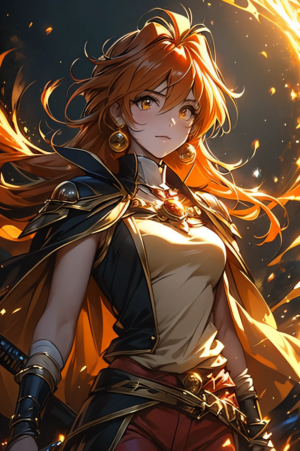 （（（ＳＦＷ、Highest quality、 first class、masterpiece、Normal body、8k、Detailed face、Ultra-precision、Normal hand、Normal finger、Masterpiece）））、 Slayers 、 Reinverse 、Lina Inverse、mage 、Orange Hair、 yellow tube top、red pants 、 yellow pads、Black Cape、Black Gold Shoulder Strap 、Laguna Blade 、 Gravity Magic 、Magic chant、Hold a giant sword of black magic with both hands