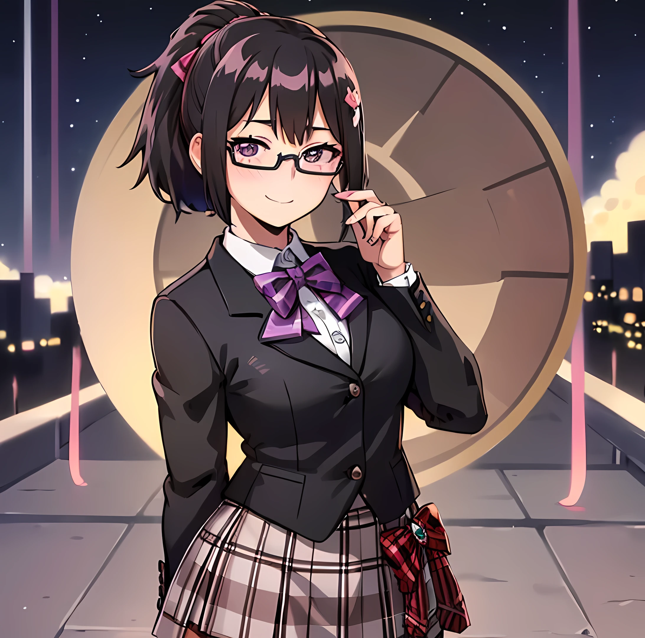 multicolor hair glasses, ((masterpiece, Best Quality)), ( Details Brown Hair , ponytail), eyeshadow,  sakura asumi - nakaima hime  [DVD 720p-xvid  ], 1girl, alone, black hair, skirt, smile, plaid, plaid skirt, school uniform, shirt, looking at viewer, score_7_up, (masterpiece, ultra high resolution, 8k, 16k, Super detailed), software, ((Hero View)), 1 Girl, Purple Hair, (Curvy Hair, Long Hair, hime cut:1.2), Black Tuxedo, open button tuxedo , ( place your hand on your lower back), Night view, flashy bright background, Fashionista, narrow depth of field , bokeh, Contrast