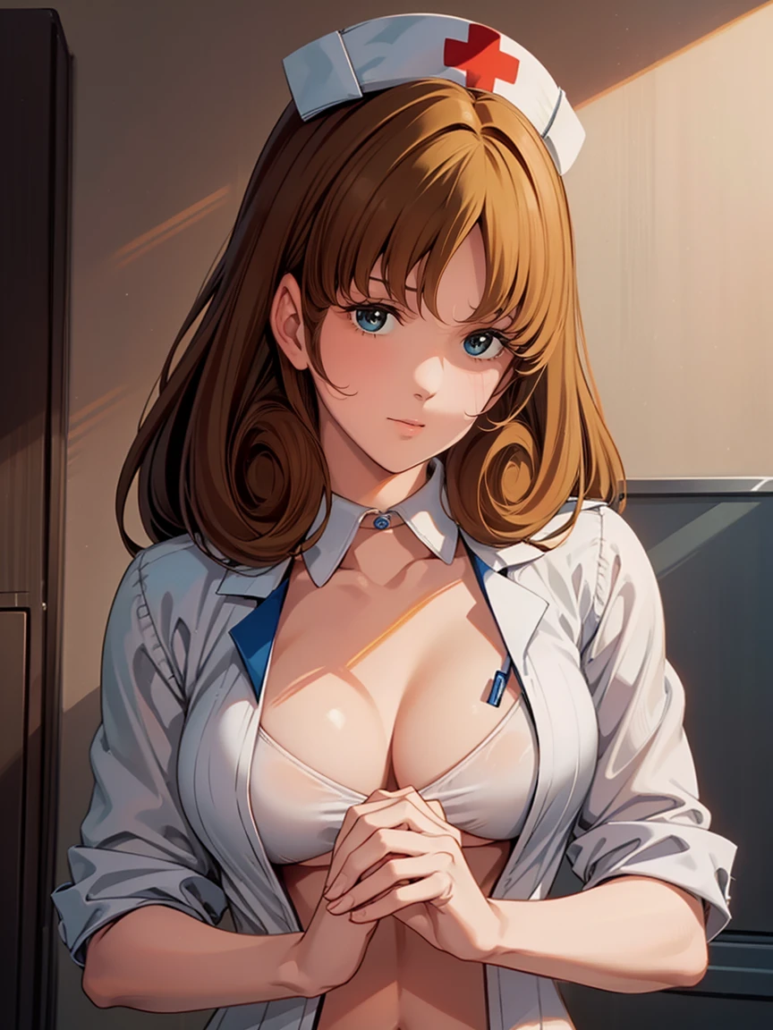 photo realistic,8k,finely detailed skin,detailed skin texture,high quality skin,realistic skin,from,1girl,white nurse uniform, little white nurse (cap), white shirt, open shirt, hospital, hospital room,masterpiece, best quality, high resolution, 4k, ultra high resolution, highly detailed, highly detailed, beautiful eyes, beautiful hair, beautiful side, beautiful skin,detailed shiny skin,good hands, best hands,curvy,Cosmic eyes,Hayase Misa