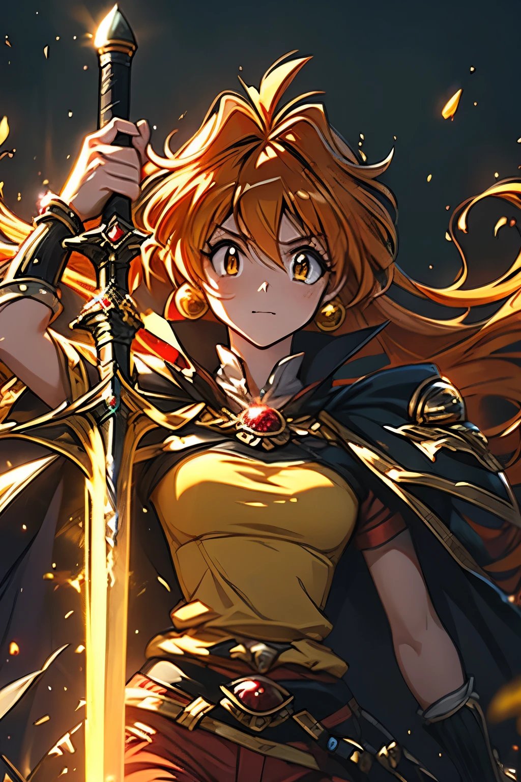 （（（ＳＦＷ、Highest quality、 first class、masterpiece、Normal body、8k、Detailed face、Ultra-precision、Normal hand、Normal finger、Masterpiece）））、 Slayers 、 Reinverse 、Lina Inverse、mage 、Orange Hair、 yellow tube top、red pants 、 yellow pads、Black Cape、Black Gold Shoulder Strap 、Laguna Blade 、 Gravity Magic 、Magic chant、Refine a giant sword with a black blade of magic