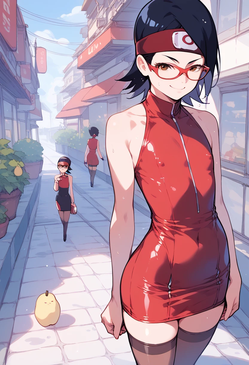 (Alone:1.5),(masterpiece), (Best Quality:1.3), Anime, Hentai, Super detailed, Complex,  professional art ,  digital art , Absurd,  1 Girl, Chibi, Wet cat, No pants, red dress, Uchiha  posing on the the sidewalk wearing  bodycon mini dress , covered_nipples, Pear-shaped body, ( waist wider than shoulders :1.4), ( bodycon mini dress :1.3),  smirk , Black Hair ,  short haired , Headband, Glasses, Eye color: black, _Uchiha ,Thick thighs,  flat chest,  bubble butt , Front View,  huge ass,  wide hips ,  mean waist , ,  stockings,  panties, ( flat chest:1.2),  smirk , 