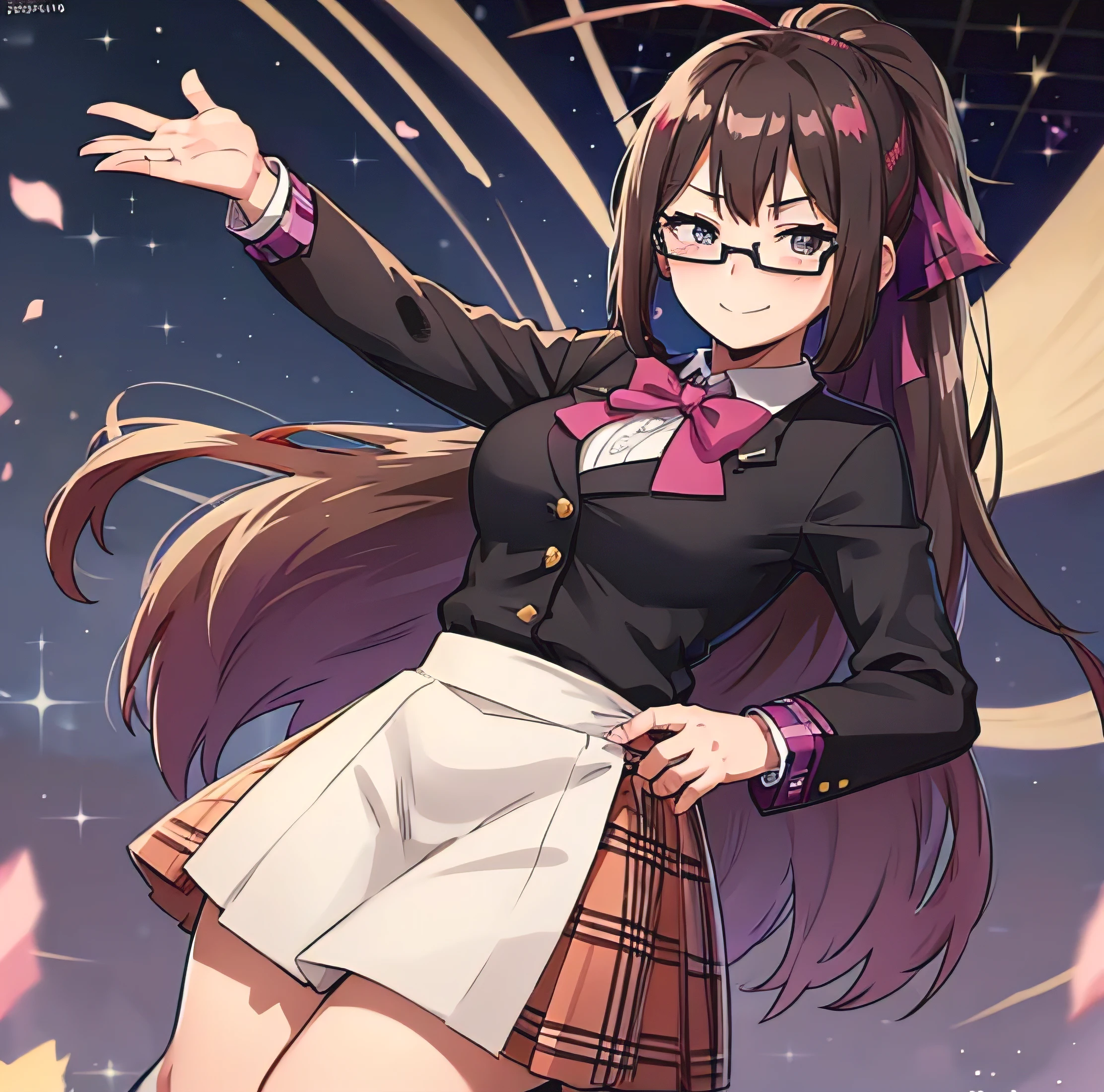 multicolor hair glasses, ((masterpiece, Best Quality)), ( Details Brown Hair , ponytail), eyeshadow,  sakura asumi - nakaima hime  [DVD 720p-xvid  ], 1girl, alone, black hair, skirt, smile, plaid, plaid skirt, school uniform, shirt, looking at viewer, score_7_up, (masterpiece, ultra high resolution, 8k, 16k, Super detailed), software, ((Hero View)), 1 Girl, Purple Hair, (Curvy Hair, Long Hair, hime cut:1.2), Black Tuxedo, open button tuxedo , ( place your hand on your lower back), Night view, flashy bright background, Fashionista, narrow depth of field , bokeh, Contrast