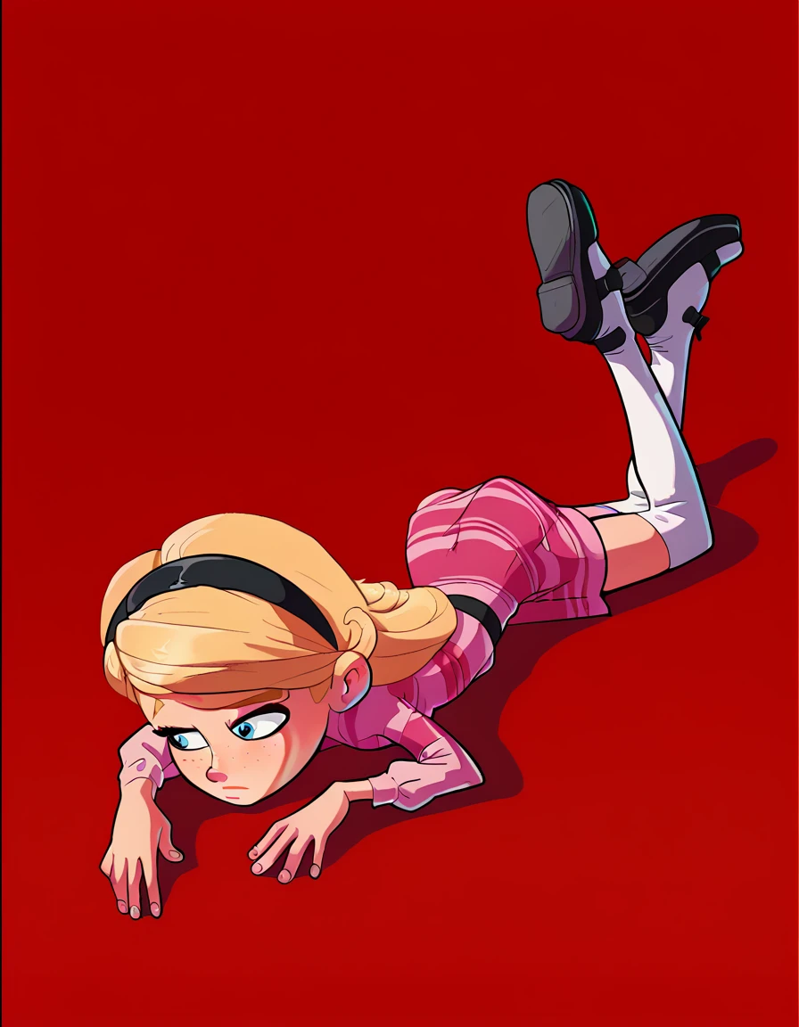 1girl, full body, solo, penny peterson, long hair, blue eyes, freckles, blonde hair, shirt, skirt, hairband, black hairband, white socks, dress, pink dress, long sleeves, mary janes, black mary janes, straight-on, lying, on stomach, showing her butt, on ground, closed eyes, closed mouth, dart, tranquilllized, tranquillizer dart on butt, red Background