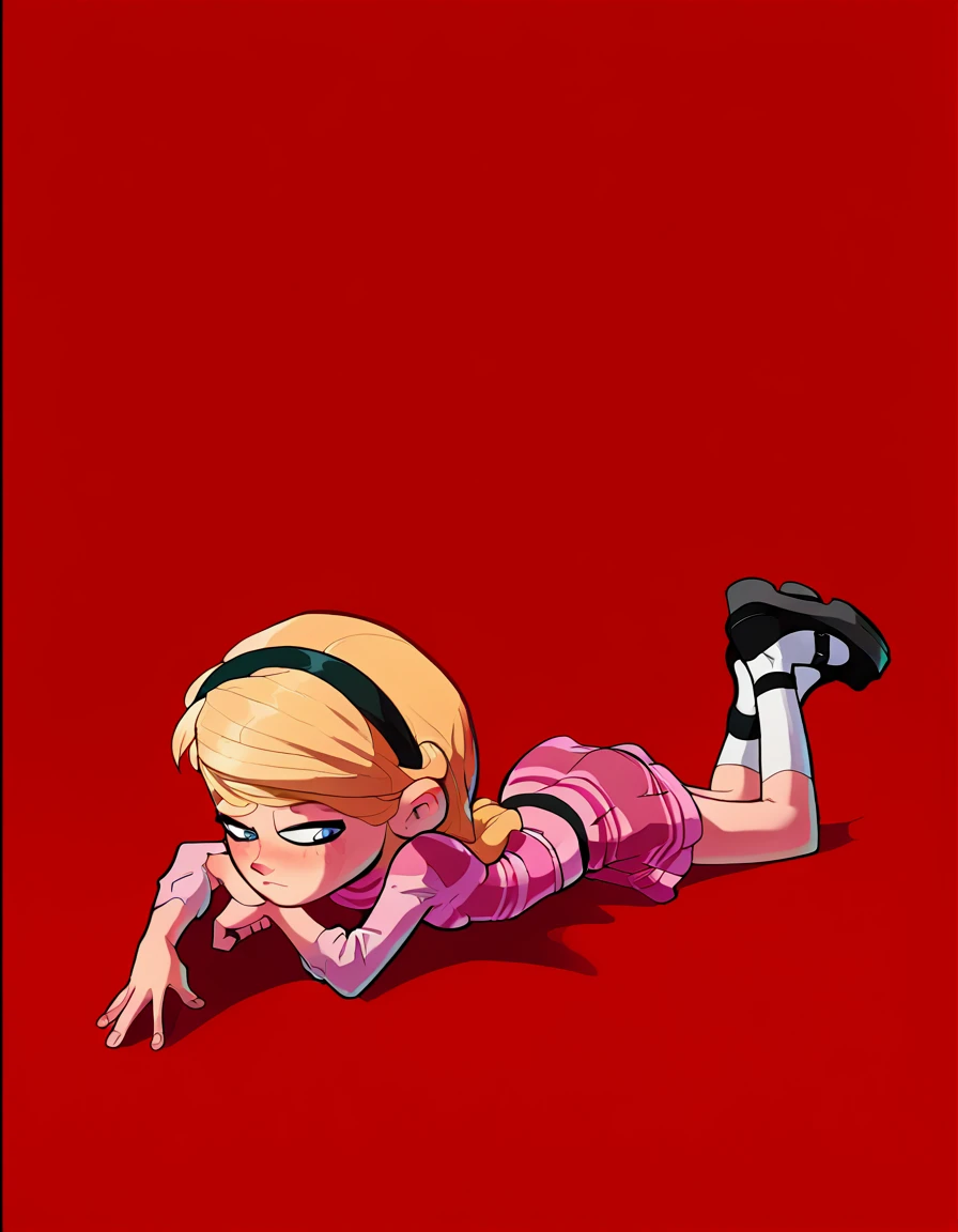 1girl, full body, solo, penny peterson, long hair, blue eyes, freckles, blonde hair, shirt, skirt, hairband, black hairband, white socks, dress, pink dress, long sleeves, mary janes, black mary janes, straight-on, lying, on stomach, showing her butt, on ground, closed eyes, closed mouth, dart, tranquilllized, tranquillizer dart on butt, red Background